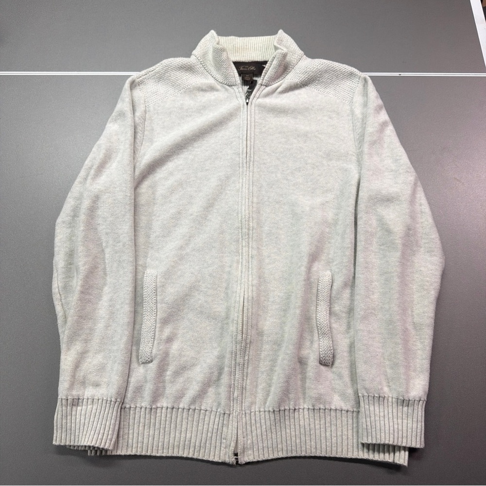 Tasso Elba men’s knit sweater full zip beige oatmeal color size M 100% cotton